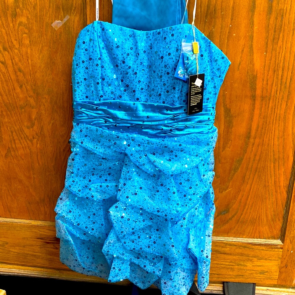 Sky blue strapless formal with blue sequins.  New with tags.